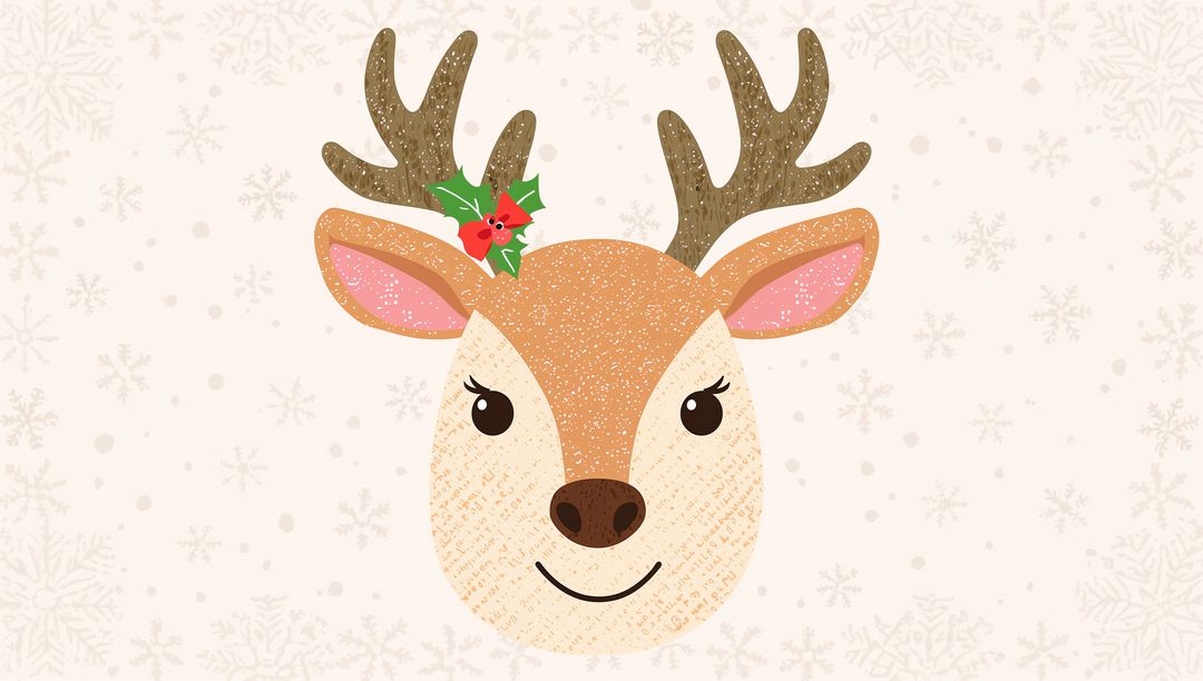 Smiling Festive Reindeer Head with Holly and Snowflake Background for Holiday Designs