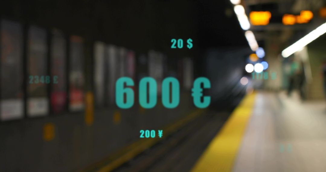 Displaying turquoise 600 € floating graphic over blurred subway platform and tracks