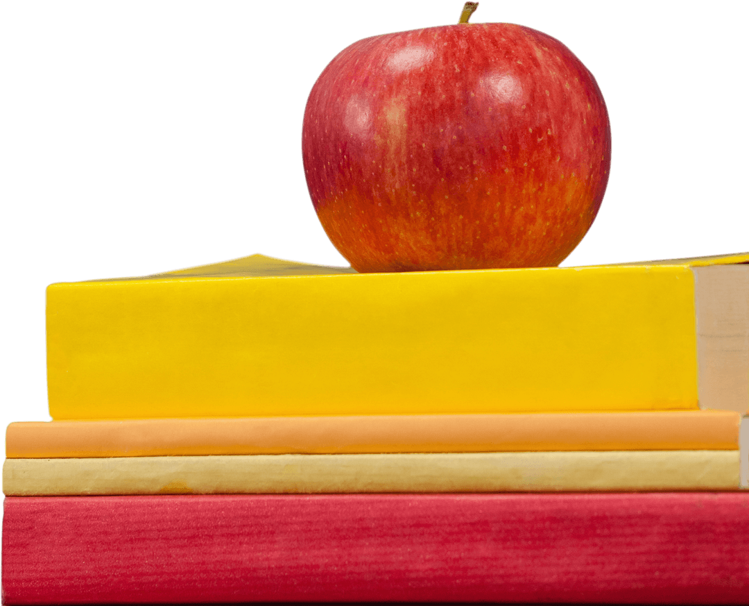 Vibrant Red Apple on Stack of Colorful Books with Transparent Background