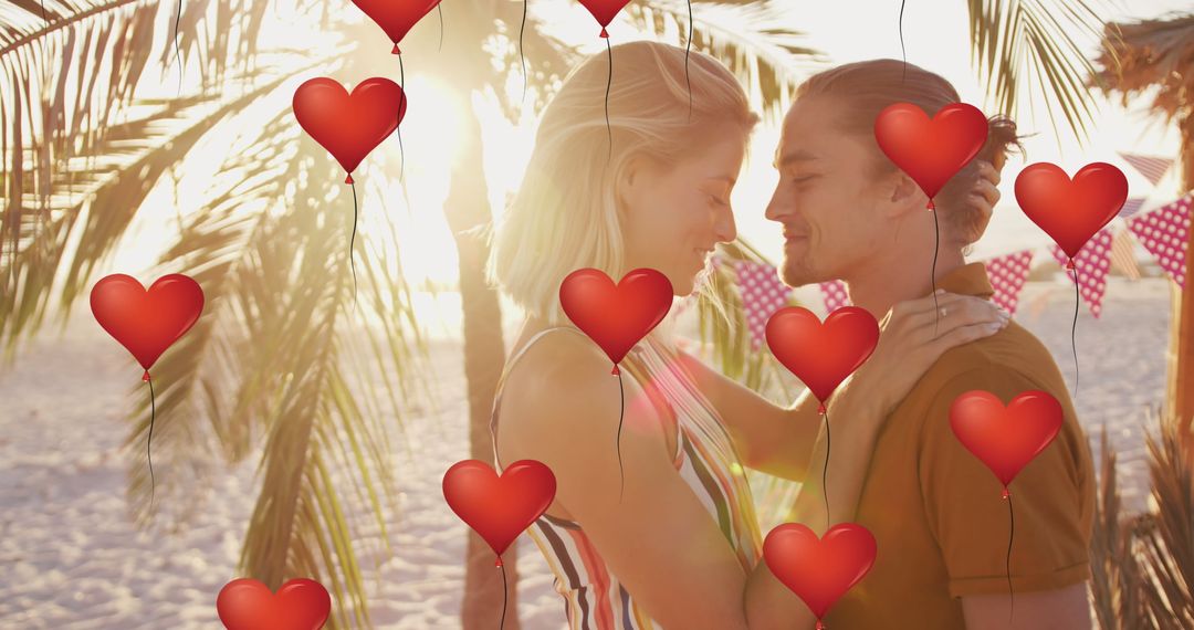 Romantic Mixed Media of Couple with Heart Icons at Sunset Beach