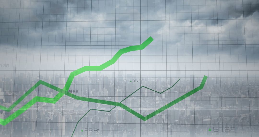 Dynamic growth chart overlaying urban skyline