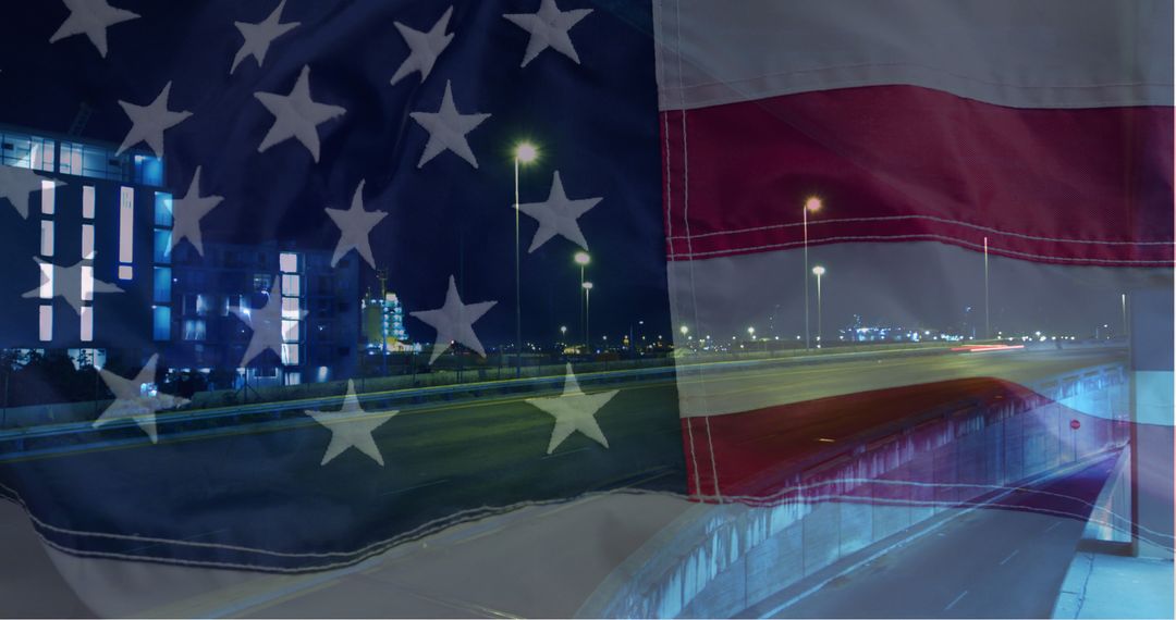Dynamic Composite of American Flag and Urban Night Highway Scene