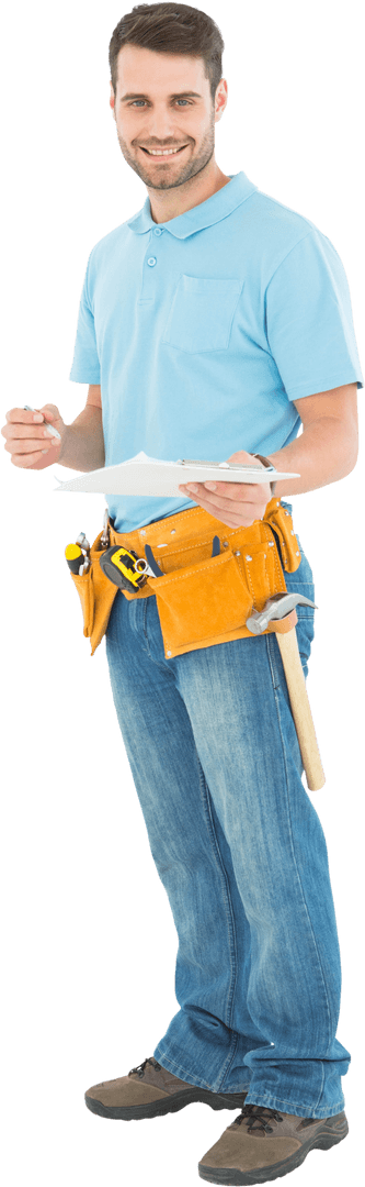 Smiling Construction Worker With Clipboard and Tool Belt on Transparent Background