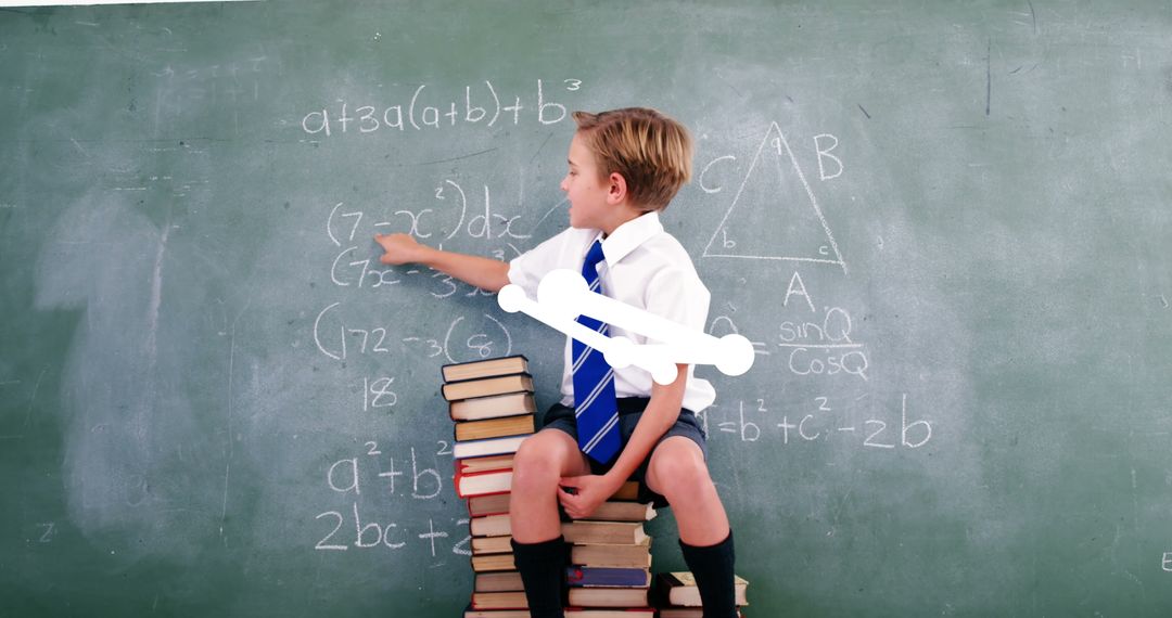 Boy Learning Mathematics in Classroom with Blackboard