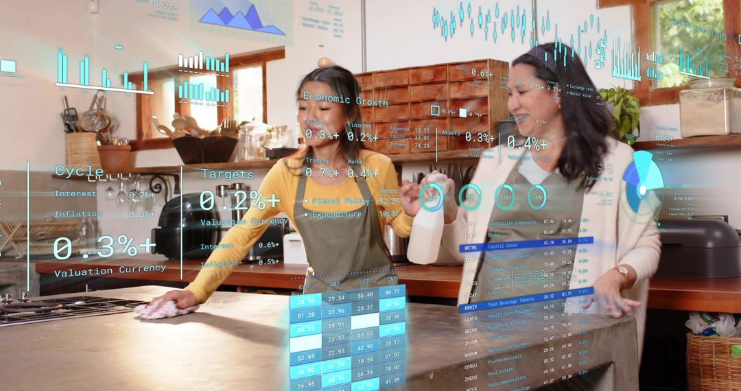 Women Using Augmented Reality Financial Dashboard While Cleaning Kitchen Countertop