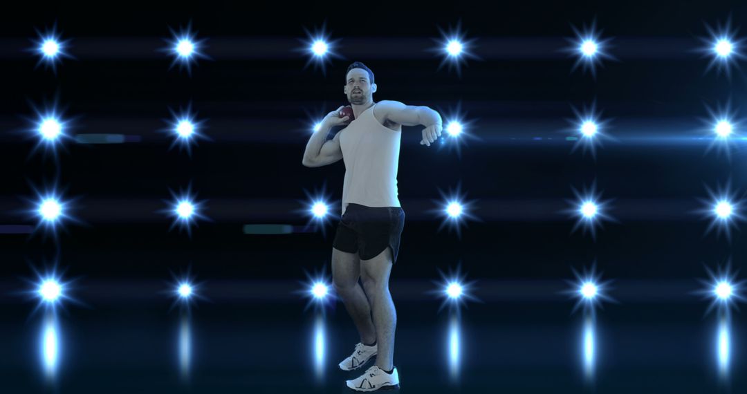 Athletic Man Practicing Shot Put with Rows of Blue Lights Background - Free Images, Stock Photos and Pictures on Pikwizard.com