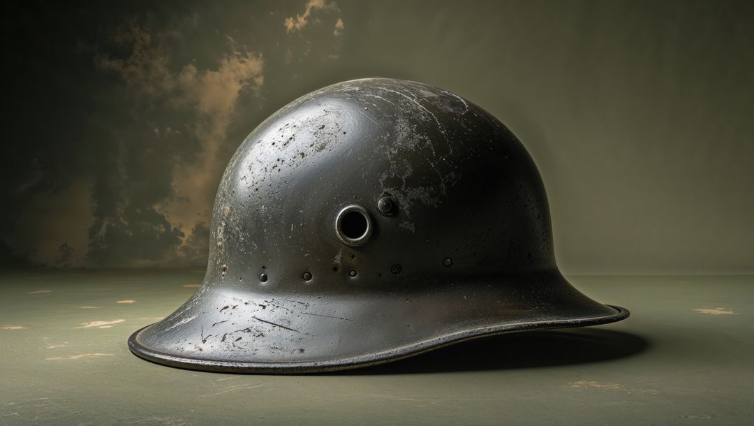 Antique first world war steel combat helmet on weathered table