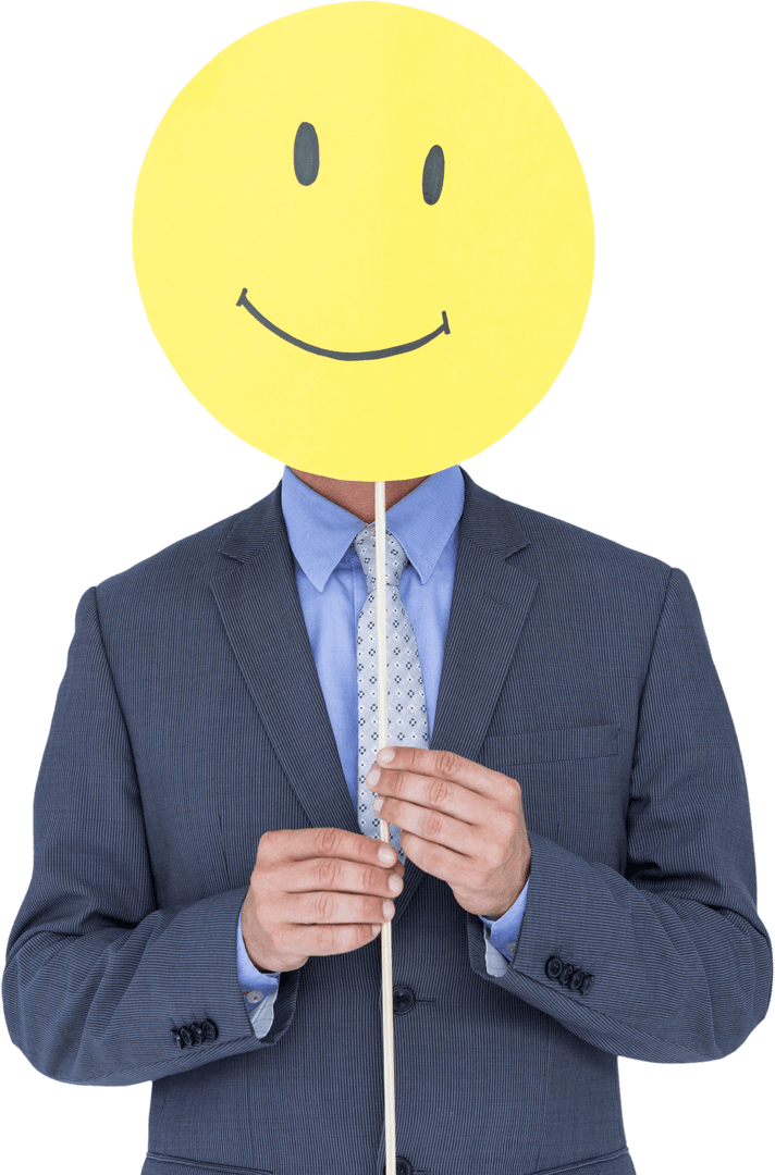 Transparent Businessman Holding Smiley Face on Stick, Concealing Identity