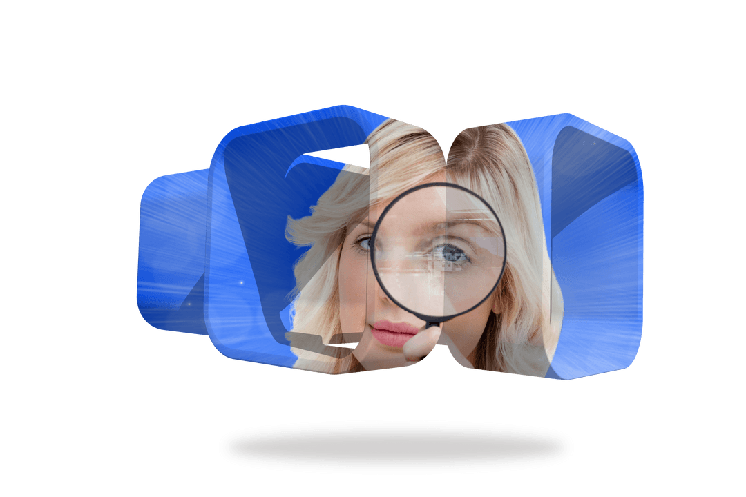 Transparent Abstract Display with Blonde Holding Magnifying Glass