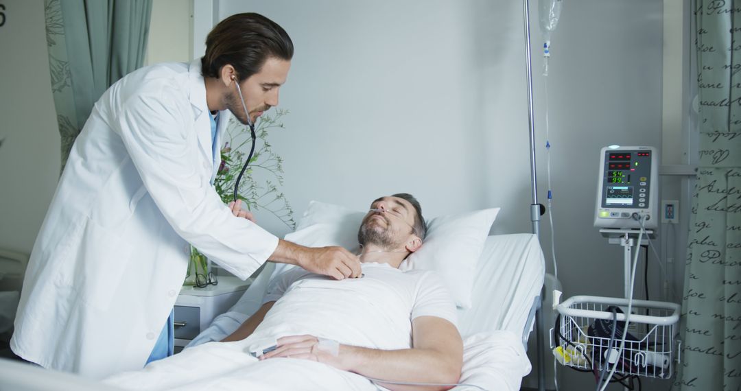 Doctor Examining Patient in Hospital Bed with Medical Equipment - Free Images, Stock Photos and Pictures on Pikwizard.com