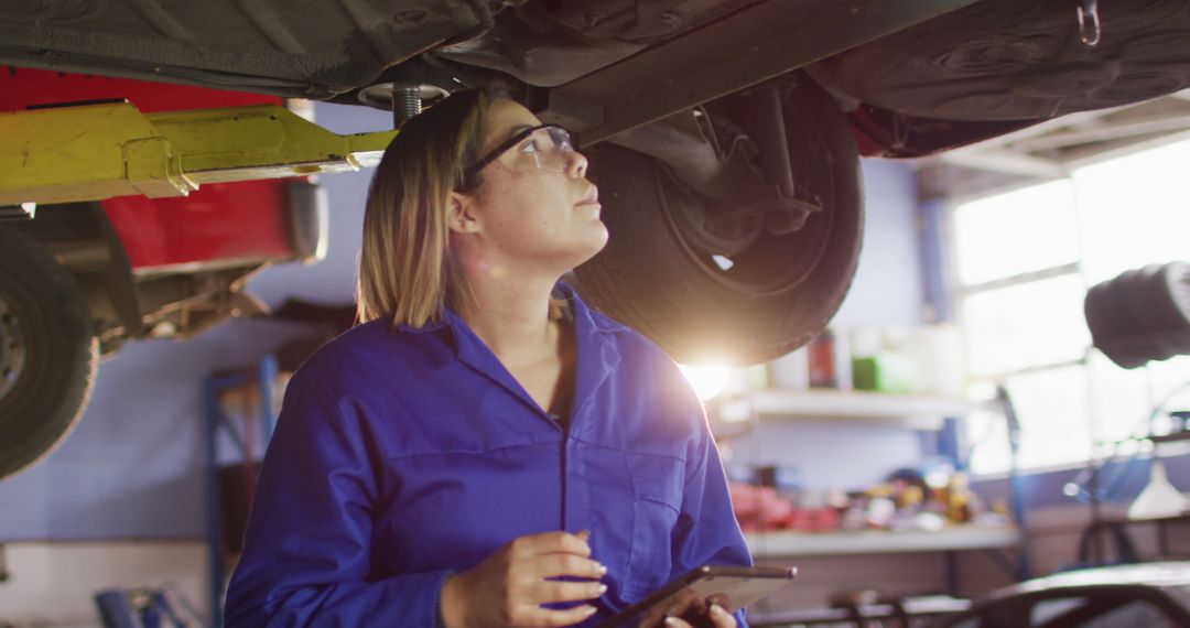 Female Mechanic Confidently Inspecting Car with Digital Tablet in Auto Repair Shop - Free Images, Stock Photos and Pictures on Pikwizard.com