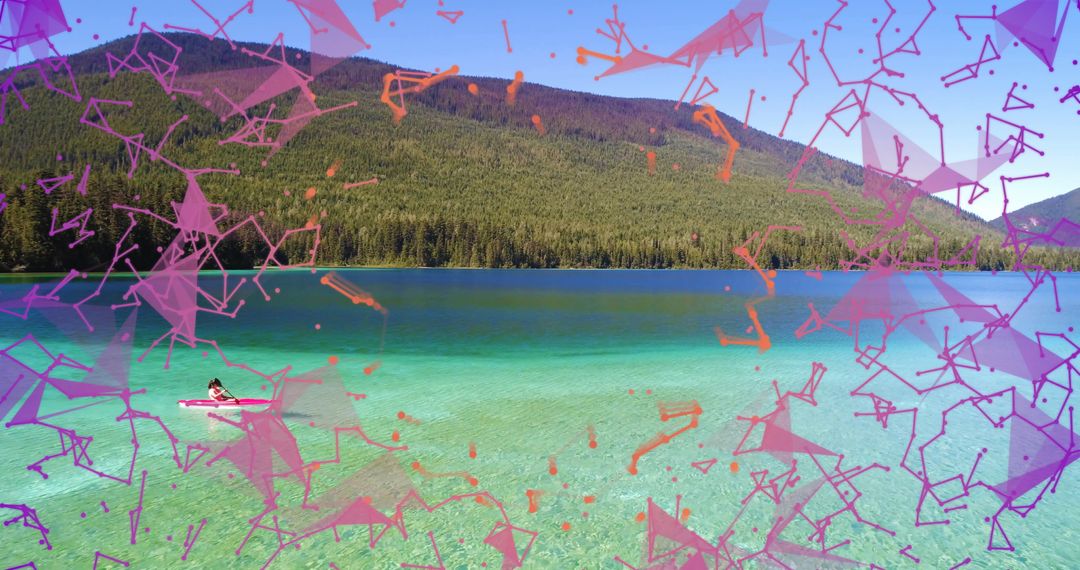 Kayaker Adventuring Through Serene Mountain Lake with Digital Overlay