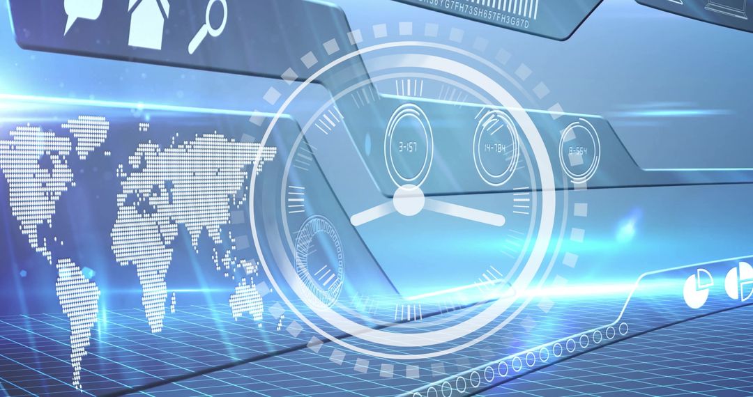 Futuristic Digital Interface with World Map and Virtual Clock