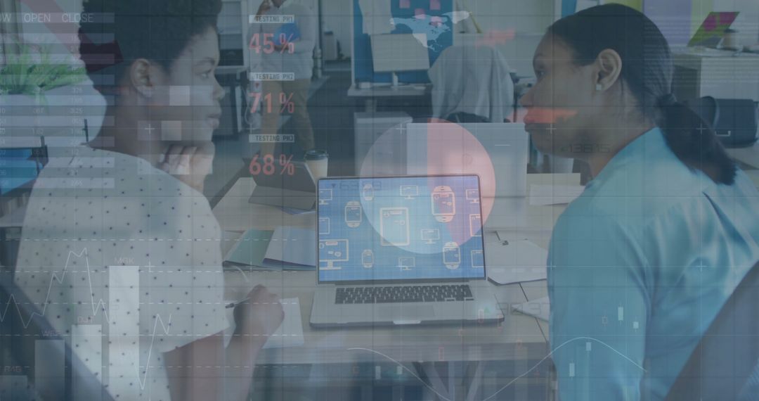 Financial Data Overlay on Diverse Business People Discussing Strategies