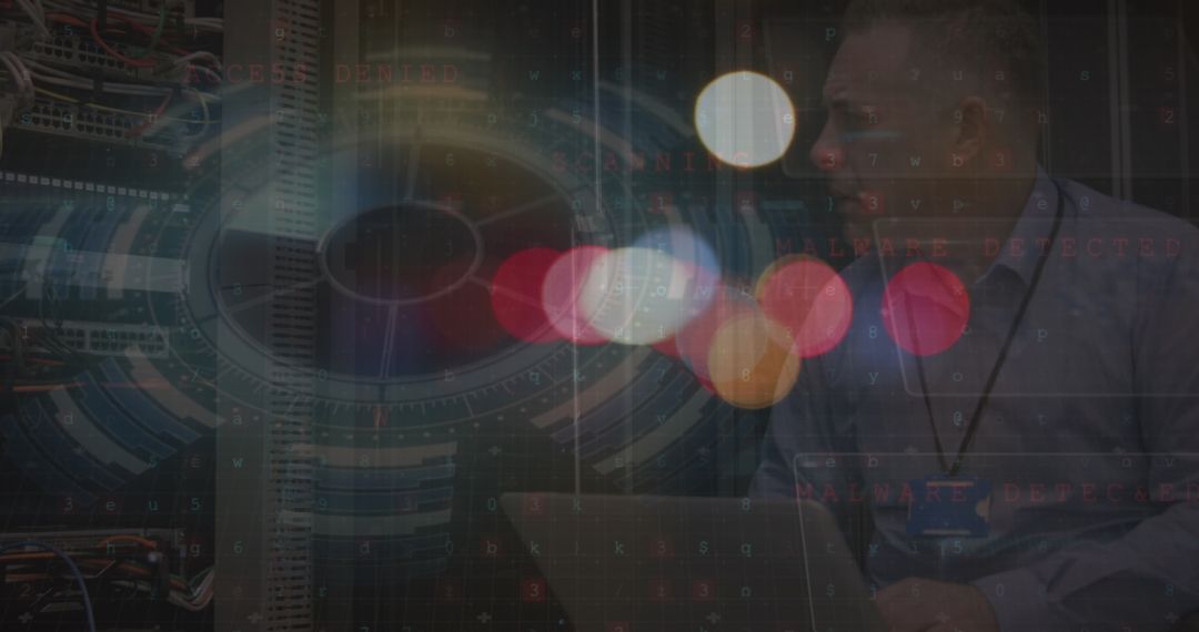 Cybersecurity Analyst Monitoring Servers with Digital Overlay