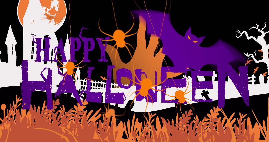 Spooky Halloween Night Cemetery with Spiders and Bats