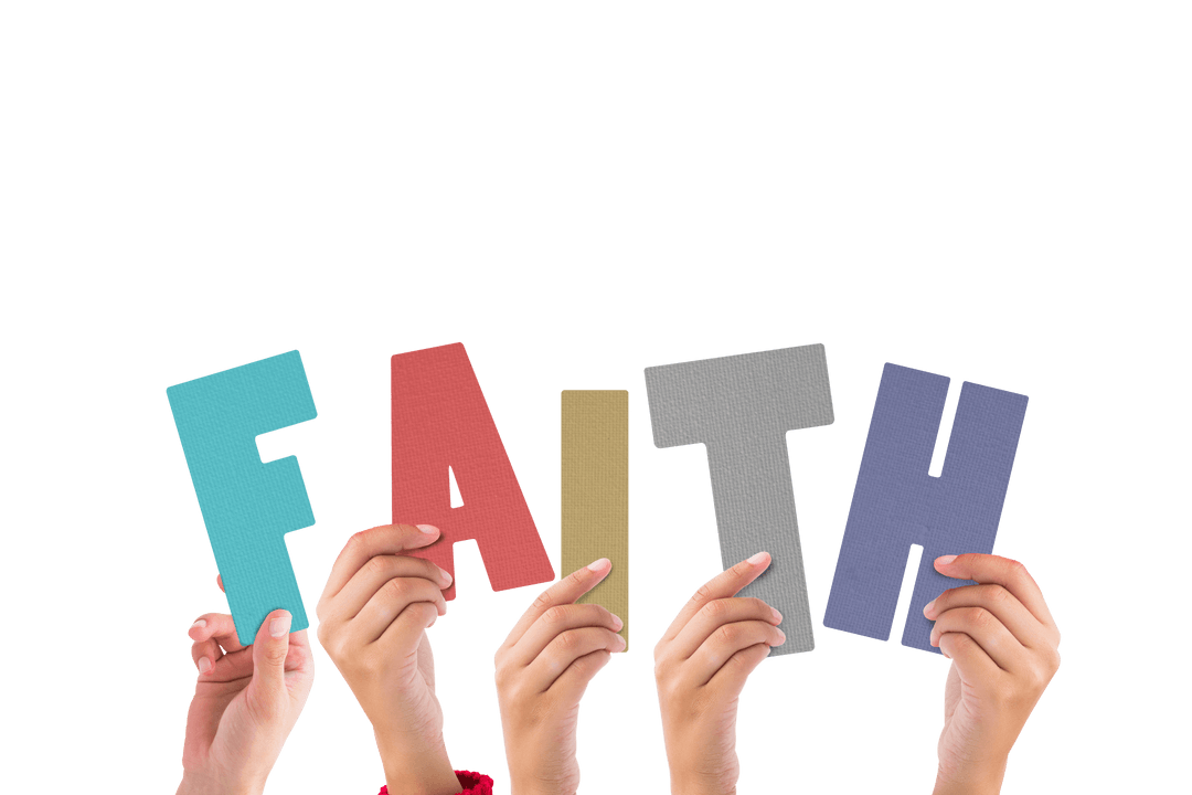 Hands Holding Colorful Transparent Letters Forming Faith