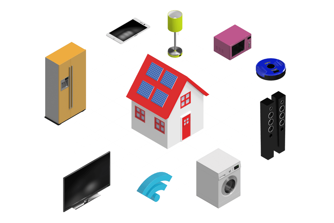 Digital Smart Home Network with Connected Devices on Transparent Background