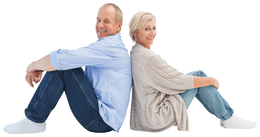 Transparent Smiling Mature Couple Facing Back to Back on Floor