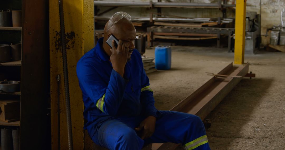 Warehouse Worker Taking Phone Call During Break in Industrial Setting - Free Images, Stock Photos and Pictures on Pikwizard.com