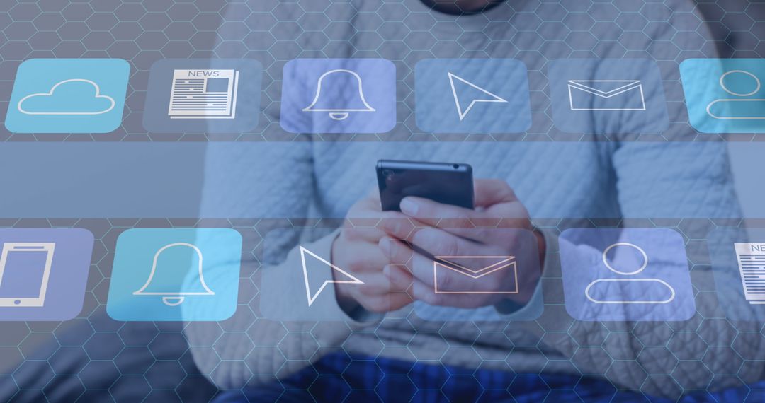 Man Using Smartphone with Digital Communication Icons Overlay