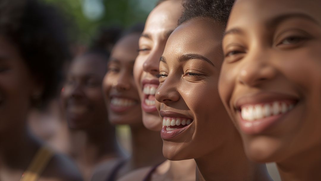 Joyful Group of Friends Smiling in Sunlit Garden, Diversity and Wellness