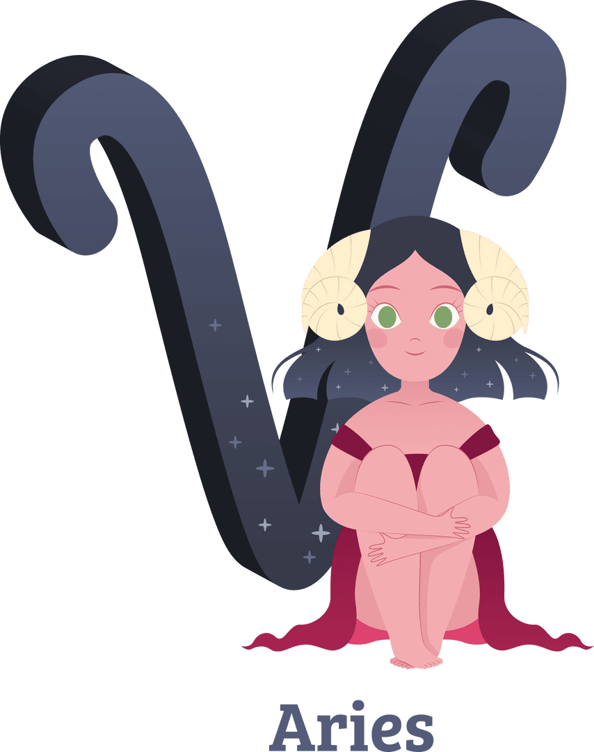 Aries Zodiac Symbol Design with Woman and Horns on Transparent Background