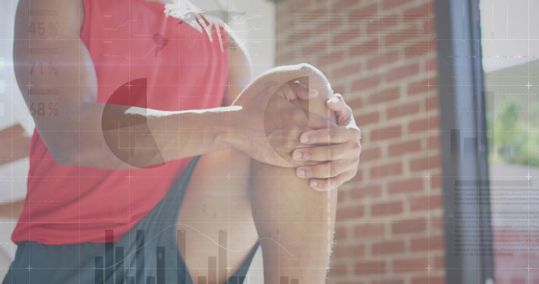 Athlete Analyzing Performance at Gym with Data Graphics Overlay