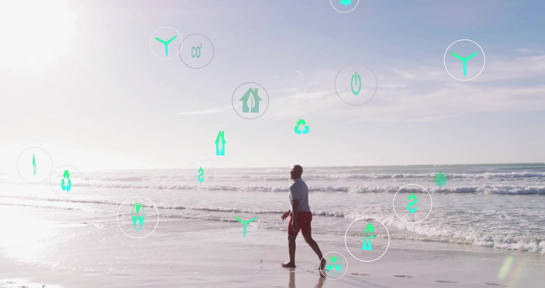 Man Walking Beach with Environmental Icons