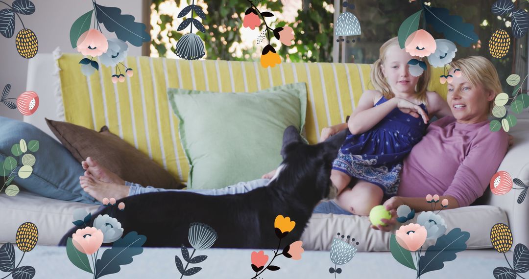Mother and Daughter Bonding with Dog on Couch