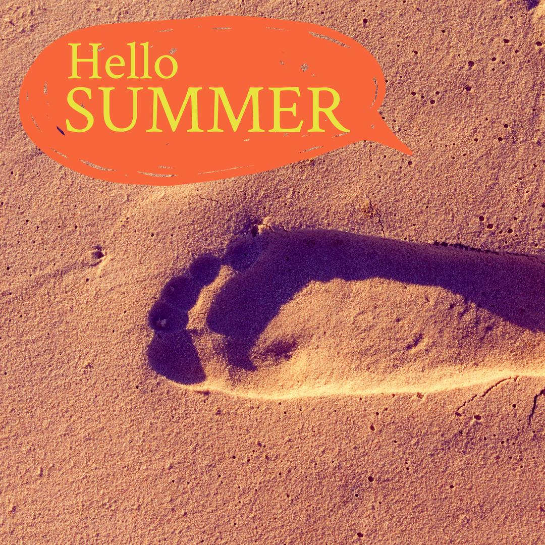 Footprint on Sandy Beach with Hello Summer Text - Download Free Stock Templates Pikwizard.com