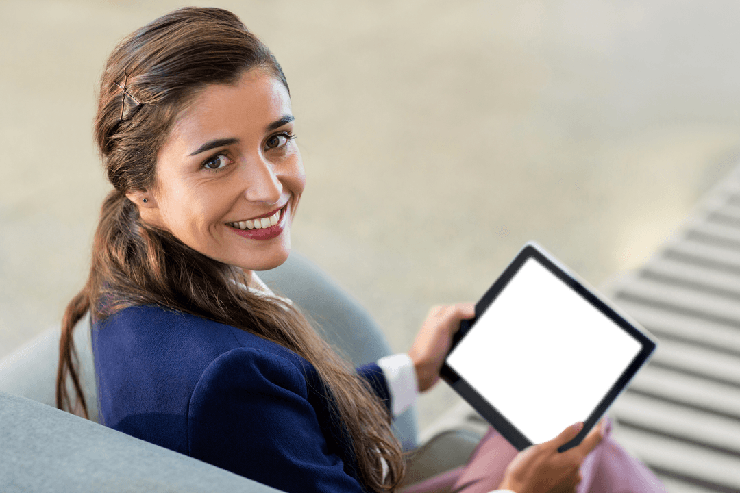 Cheerful Businesswoman with Transparent Tablet Display