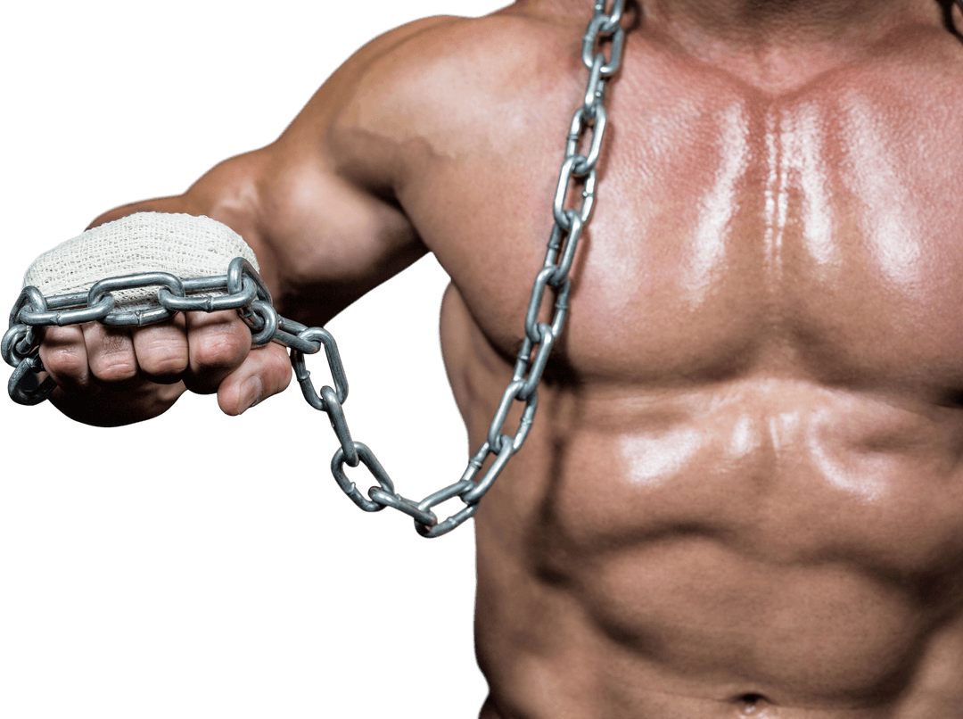 Transparent Bodybuilder Holding Strong Metal Chain