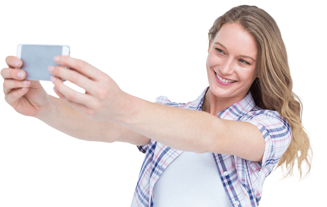 Woman Taking Selfie Smiling with Smartphone on Transparent Background