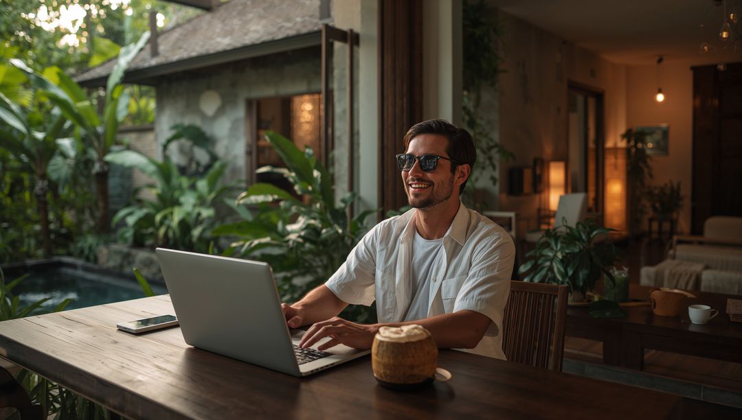 Stylish Entrepreneur Working Remotely at Tropical Paradise