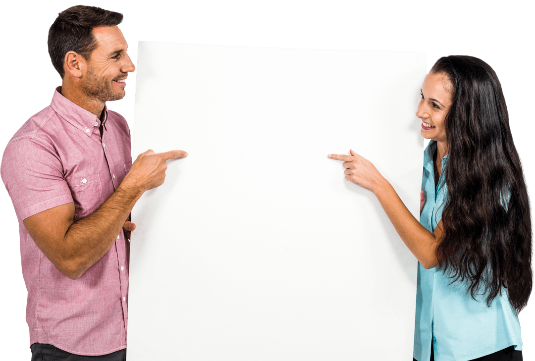 Smiling Couple Pointing at Large Transparent Blank Sheet