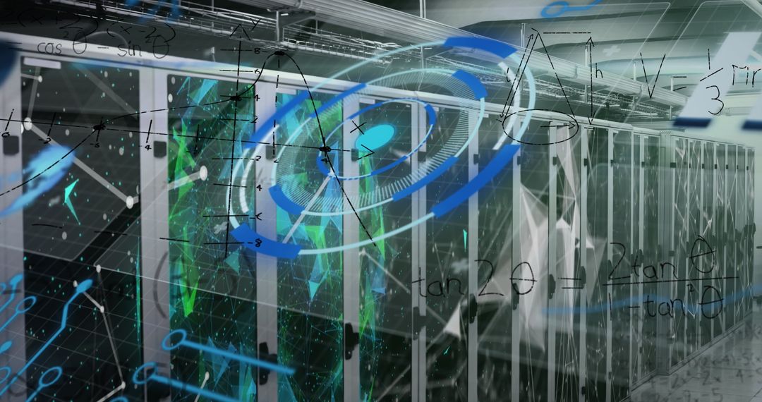 Futuristic Data Center Corridor with Holographic Technology