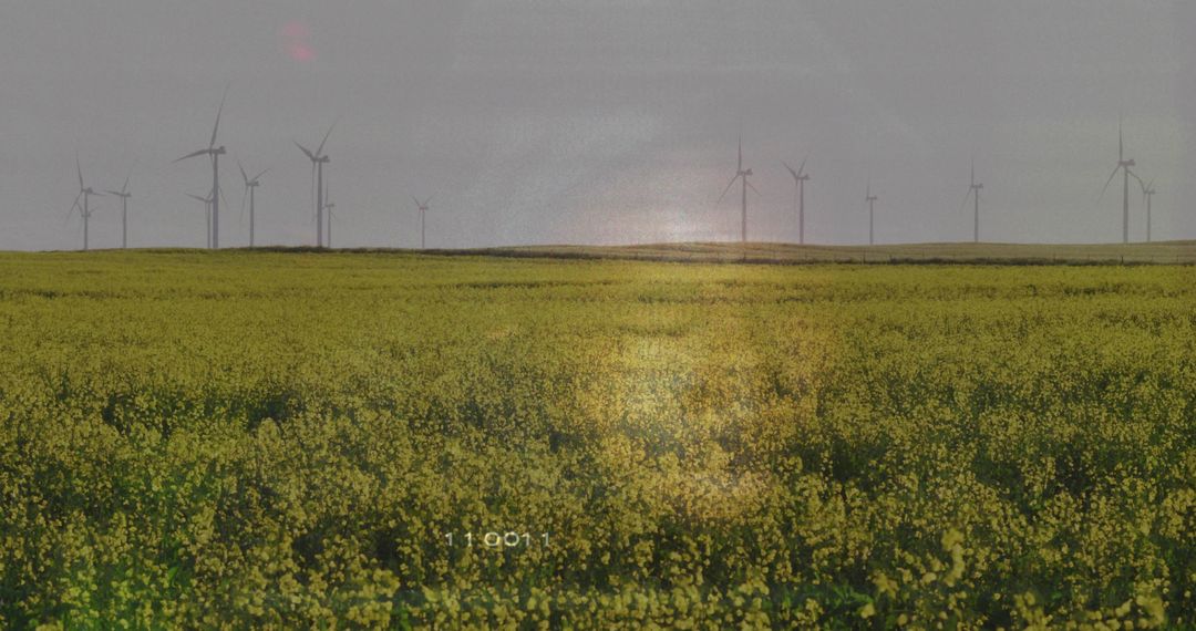 Expansive canola field at dusk with distant wind turbines and 11:00:11 timecode overlay