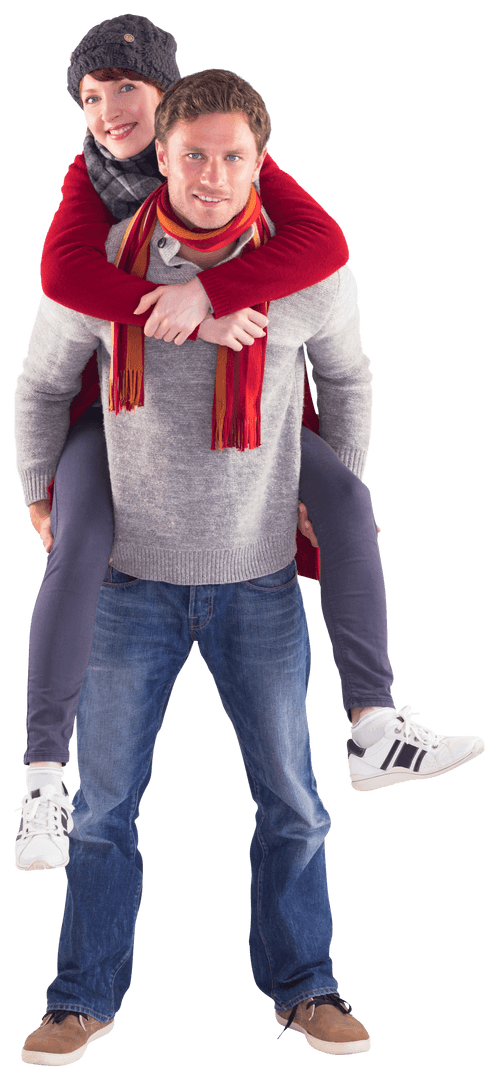Man Giving Girlfriend Piggyback Ride in Winter Clothing