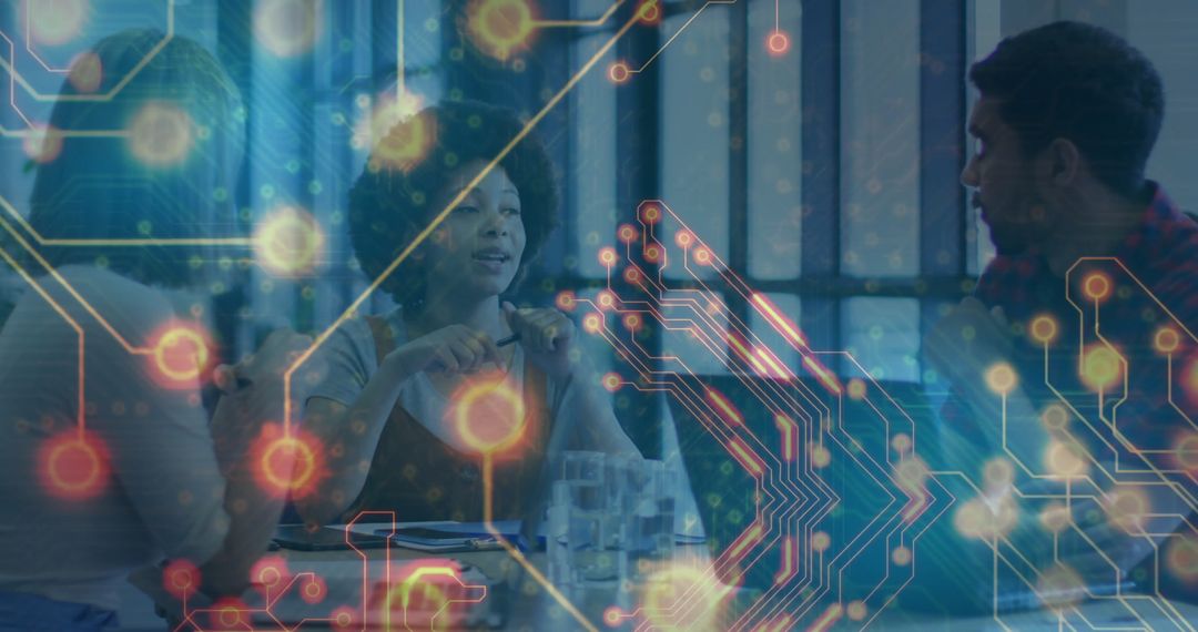 Colleagues Collaborating on Innovation with Digital Overlay