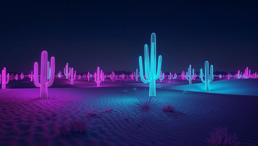 Neon Cacti Illuminating Desert Night Under Starry Sky