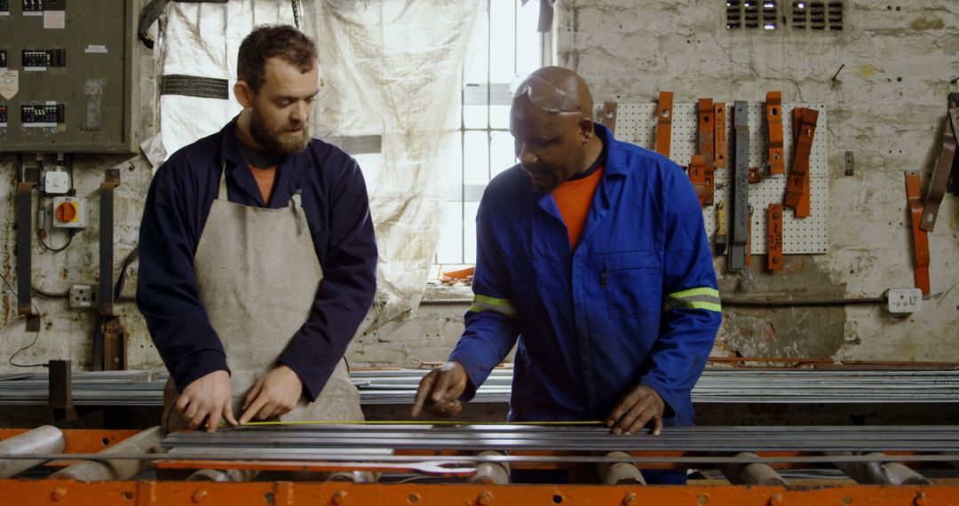 Workers Measuring Metal in Industrial Workshop - Free Images, Stock Photos and Pictures on Pikwizard.com