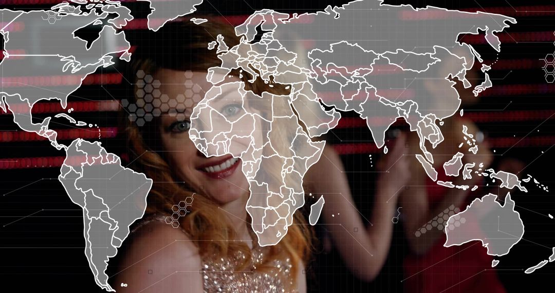 Smiling Woman Posing at Glamorous Event with Illuminated World Map Overlay