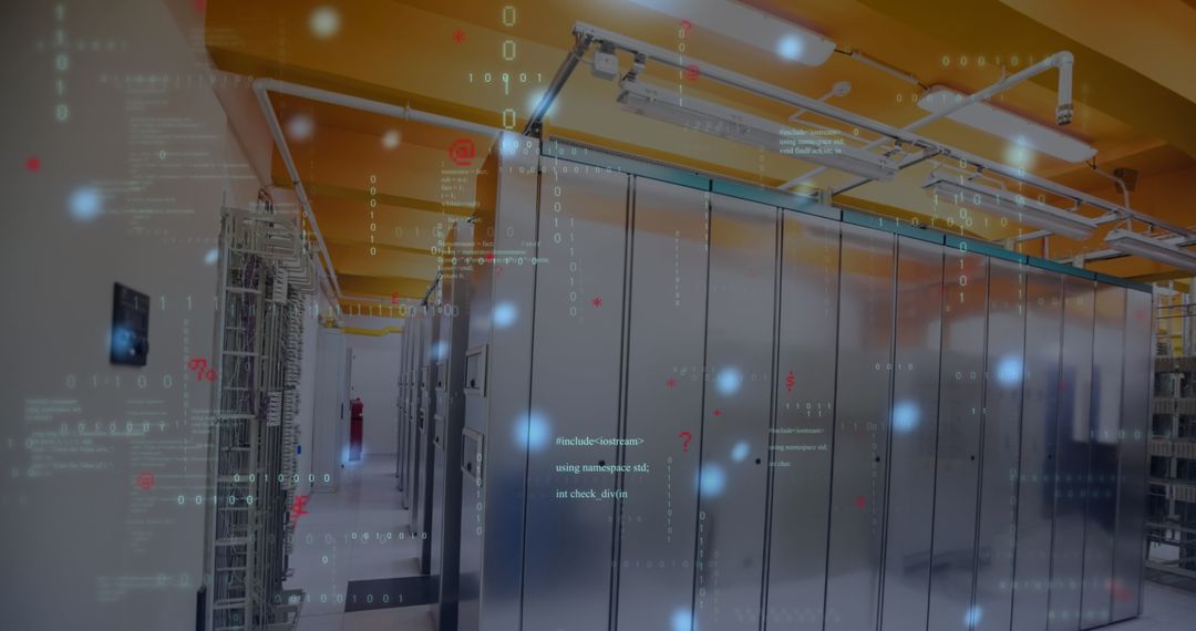 Futuristic Data Processing Overlay in a Server Room