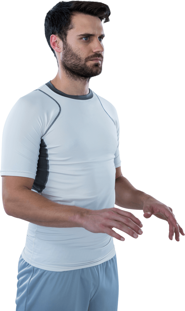 Male Model Engaging with Transparent Object on White Background