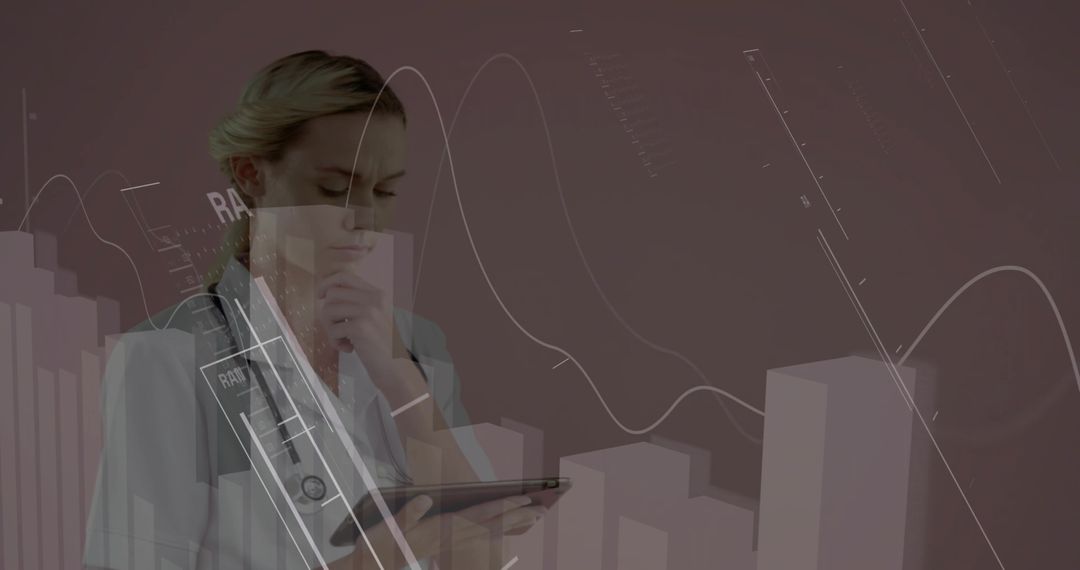 Doctor Reviewing Clinical Data Dashboard on Tablet with Futuristic Healthcare Analytics