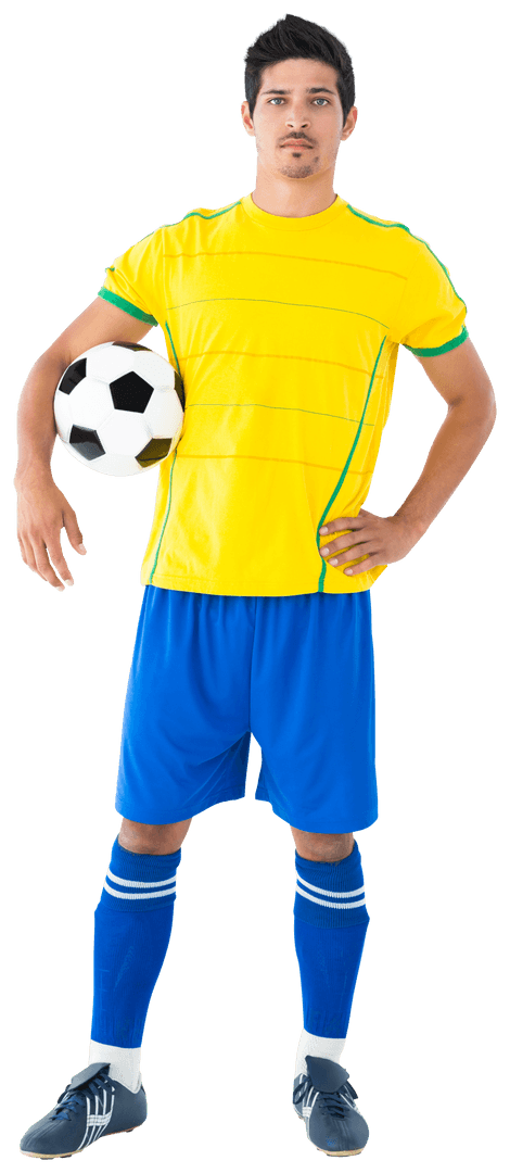 Confident Hispanic Soccer Player with Uniform and Ball on Transparent Background