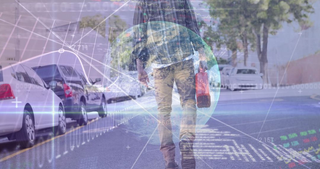 Businessman Walking Futuristic City with Financial Graphs and Data Overlay