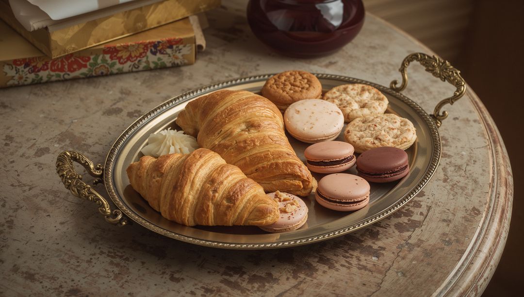 Ornate silver tray with croissants, pastel macarons and cookies on rustic wooden table