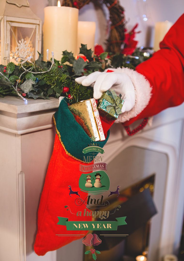 Santa Claus Filling Stocking with Christmas Gifts Next to Fireplace - Download Free Stock Templates Pikwizard.com